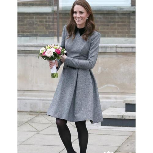 New Kate Middleton Princess gray wool dress fashion designer women long sleeve wool A-Line dresses