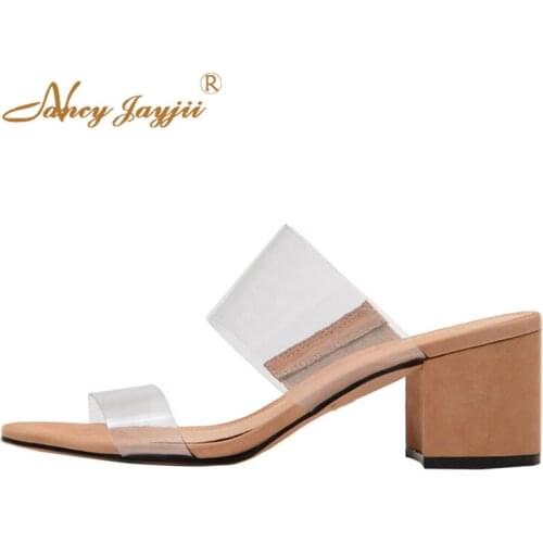 Summer Clear Shoes Womans Adult Pumps Large Size 11 15 High Chunky Heels Transparent PVC For Ladies Shoes Dress Mature Fashion