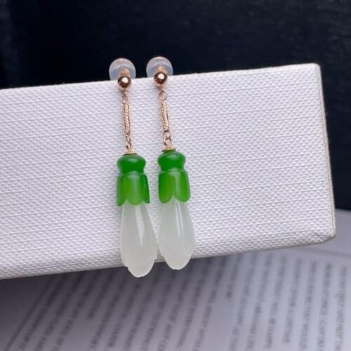 SHILOVEM 18k yellow gold real Natural white Jasper drop earring classic fine Jewelry women wedding gift 8*25mm myme08256621hby