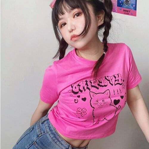 Kawaii Cat Letter Print Y2K Goth Sweet Girls Tops Crop Women Short Sleeve Cotton Vintage Chic Harajuku Slim Streetwear T-Shirt