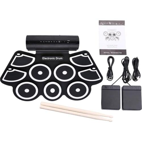 USB Roll-Up Silicon Drum Set Digital Electronic Drum Kit with Drumsticks Foot Pedals 9 Drum Pads Built-in Speakers