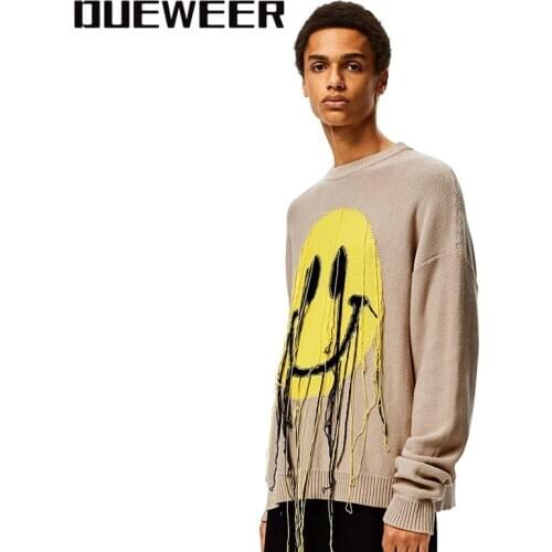 Dueweer Knit Sweaters Harajuku Hip Hop Smiley Pullover Men Oversize All-match Women Tassel Swag Sweater
