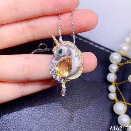 Fine Jewelry 925 Pure Silver Inlaid Natural Citrine Girl Luxury Elegant Unicorn Chinese Style Gem Pendant Necklace Support Detec