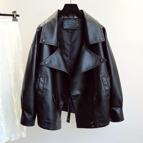 Korean Lapel Long Sleeve Women Black Faux Leather Coat Loose Casual Autumn 2021 Lapel Long Sleeve Female Motorcycle Biker Jacket