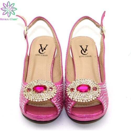 Fuchsia Women Sandals Elegant Italian Women Pumps Shoe for Party High Quality Nigerian Pointed Toe Shoes Decorated with Stones