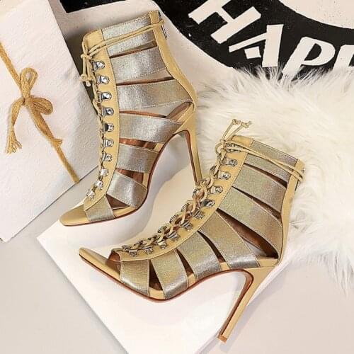 2021 Women Fetish Stripper Sandals Ankle Boots 10cm High Heels Lace Up Gladiator Peep Toe Summer Gold Silver Quality Sexy Shoes