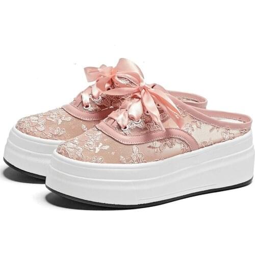 Lace Up Punk Slippers Women Breathable Mesh Wedges High Heel Mules Female Round Toe Fashion Sneakers Chunky Platform Pumps Shoes