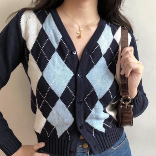 Women Long Sleeve Button Down Knit Cardigan Vintage Argyle Plaid Sweater Coat