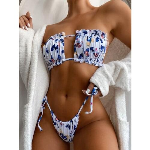 2021 Women Ruched Hollow Sexy Bikini Mujer Tube Top Bikini Push-Up Padded Thong Bandage Swimwear Swimsuit Beachwear Bikini Set