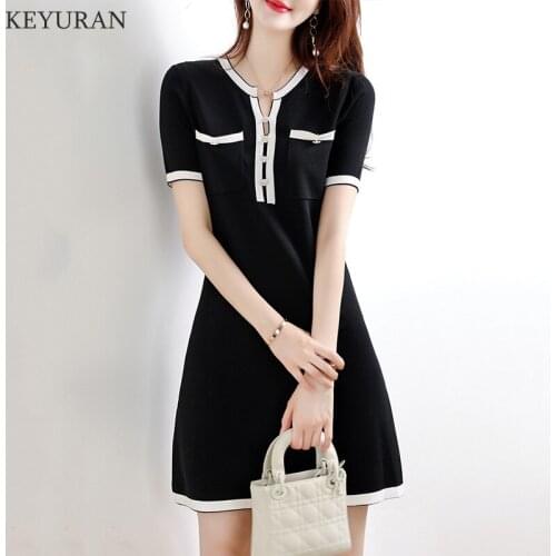 2021 Summer High Quality Summer Dress New Korea Fashion Knitted Dress Women O-neck Short Sleeve Elegant Dresses Vestidos Mujer
