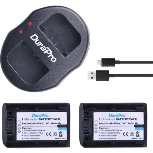 2Pcs DuraPro NP-FV50 FV50 Camera Battery + Dual USB Charger for SONY CX390 290E PJ510 820E 790E 660E XR260 CX700E PJ50E 30E SR68