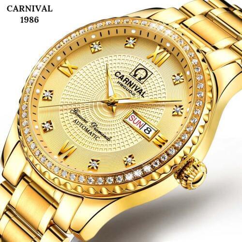 Man Watches Luxury Men Gold Rhinestone Watch Mens Business Luminous Wristwatch Male Automatic Mechanical Golden Watches Reloj