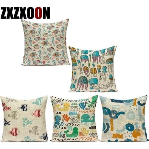 Polyester Decorative Throw Pillows Case Ocean Animals Fishes Pillow Cover Cushion Case for Sofa Home Car Living Room Decor