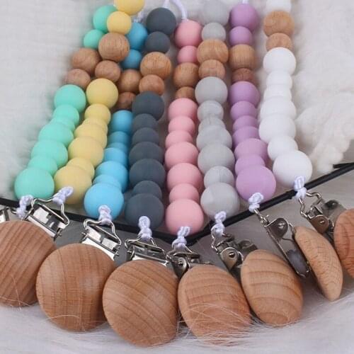 Newborn Feeding Pacifier Baby Wooden Beaded Pacifier Clip Silicone Chain Nipple Holder Baby Pacifier For Children