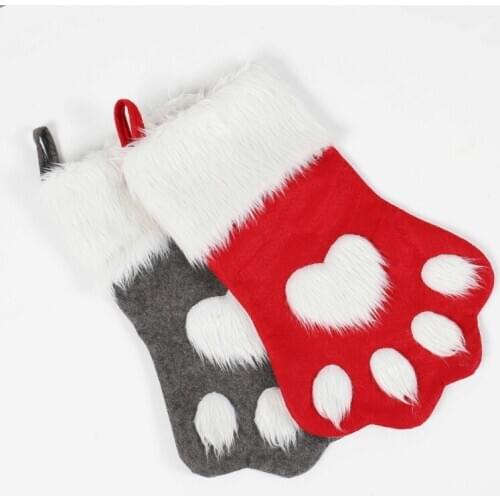Long Plush Pet Paw Pattern Christmas Stockings Candy Gift Holder Bag Xmas Tree Hanging Holiday Home Decors