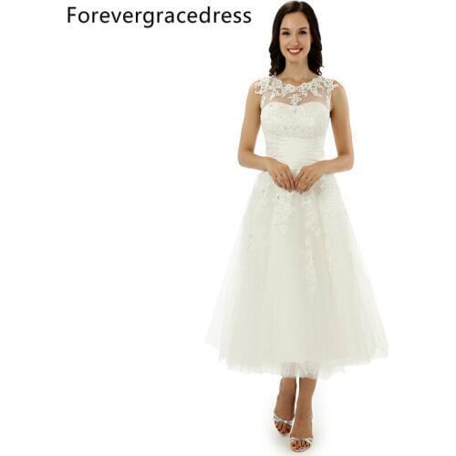 Forevergracedress A Line Lace Sleeveless Wedding Dress Sexy Jewel Neck Tea Length Short Bridal Gown Plus Size Custom Made