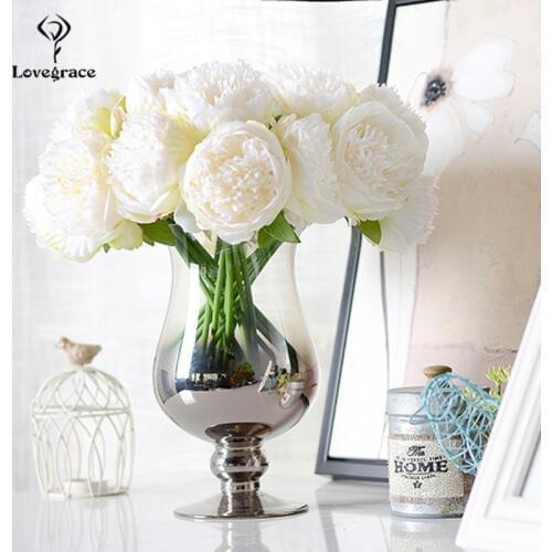 Fake Peonies Artificial Flowers Bouquet White Fake Peony Bridal Boquet Home Wedding Party Decor 5 Heads Silk Flore Peony Bouquet