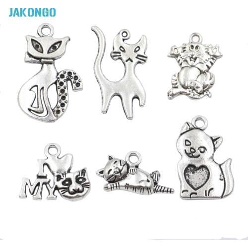 JAKONGO Mixed Tibetan Silver Plated Cat Charms Pendants for Jewelry Making DIY Handmade Craft 6styles 18pcs/lot