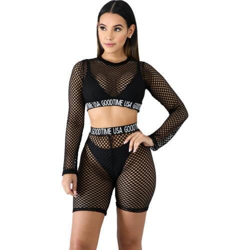 2 Piece Sets Sexy Sheer Mesh Summer Beach Wear See Through Long Sleeve Crop Tops and Short Pants Matching Sets Clothes for Women