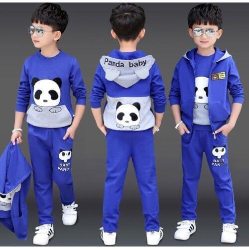 Boys Cartoon Panda Clothing 3 Pcs Set Spring Fall Childrens Fashion Hooded Vest Coat + Tops + Pants Kids Sportwear Clothes X464
