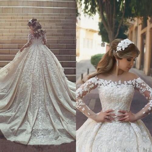 Sheer Neck Lace Wedding Dresses Long train Long Sleeves Crystals Ruffles Appliques Tulle Wedding Dresses