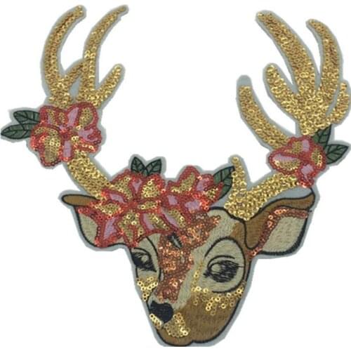 Deer Sew On Patches For Clothing Sequins Large Biker Badge Embroidery Animal Sequined Patch Clothes Stickers Strange things