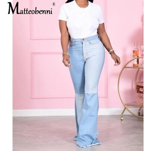 Color Block High Waist Flare Jeans With Pockets Streetwear Sexy Trousers Ladies Bell Bottoms Skinny Patchwork Jeans Pants 2020