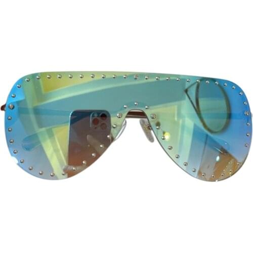 Luxury Women One Piece Sunglasses 2021 Brand Rimless Rivet Pilot Sun Glasses With Box Oculos Feminino UV400