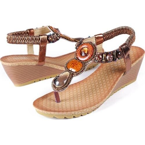 Fashion String Bead Rhinestone Inlaid Gladiator Women Sandals Wedges Ladies Elegant Casual Heels Summer Shoes Footwear For Girl