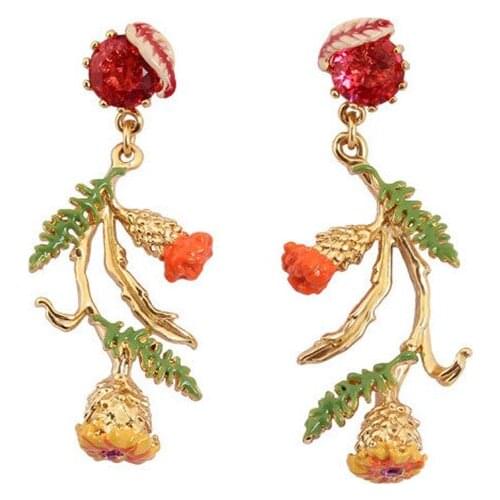 European and American Plant Series Flower Green Leaf Branch Stud Earrings Enamel Earrings Can be Matched With the Same Necklace