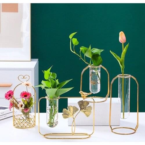 Nordic Iron Line Vases Simple Glass Vase Golden Frame Flower Stand Flower Pot Metal Rack Bottle Ornament Home Decoration