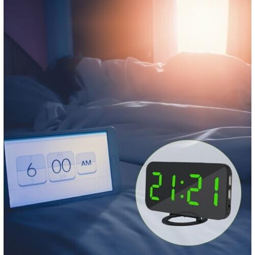 LED Alarm Clock Mirror Digital Clock Dimmable Night Mode Bedside Clock 2 USB Output Ports Table Clock Electronic Digital Clock