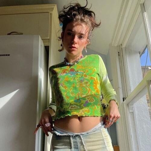 Y2k Top 2021 Summer Sexy Avatar Print Slim Slim Short Stitched Mesh T-shirt Cross-border New Perspective Hollow Top