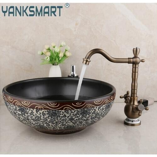 YANKSMART Ceramic Round Bowl Vessel Basin Bathroom Washbasin Antique Brass Mixer Water Tap Combo Kit Faucet With Pop-up Drain