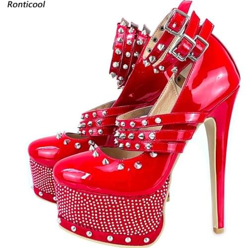 Ronticool Handmade Women Shiny Pumps Ankle Strap Studs Stiletto Heels Round Toe Gorgeous 9 Colors Night Club Shoes US Size 5-20