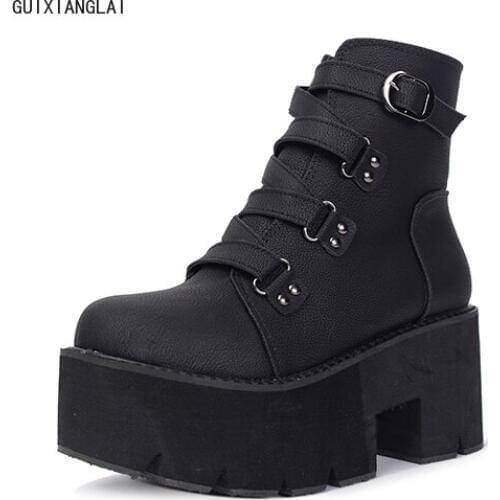 GUIXIANGLAI Spring Autumn Ankle Women Platform Boots Rubber Sole Buckle Black Leather PU High Heels Shoes Woman Comfortable