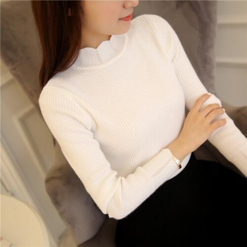 OHCLOTHING 2018 Half a petal collar shirt sweater knitting head slim female petal sleeve all-match stretch sweater