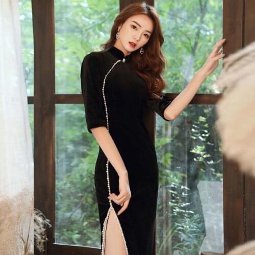 Chinese Dress Black Velvet Traditional Qipao Retro Stand Collar Sexy Self-cultivation CheongSam Middle Sleeve Party Dress Robe