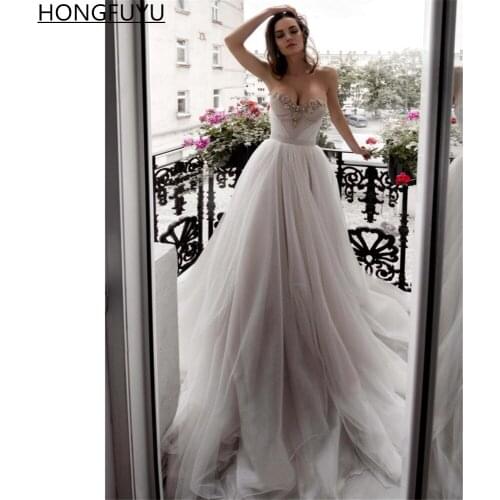 HONGFUYU Light Grey A Line Tulle Wedding Dress Pearls Beading Sweetheart Bridal Gowns with Detachable Straps vestidos de novia