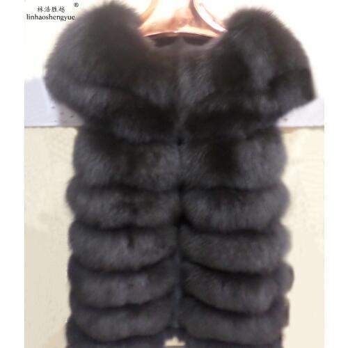 Linhaoshengyue 80cm Long Real Fox Fur Vest with Small Sleeve