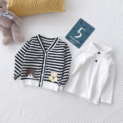 2021 Costumes White for Childrens Cartoon Casual Cotton White Polo Shirt and Stripe Cardigan for Baby(Can Be Worn Outside)