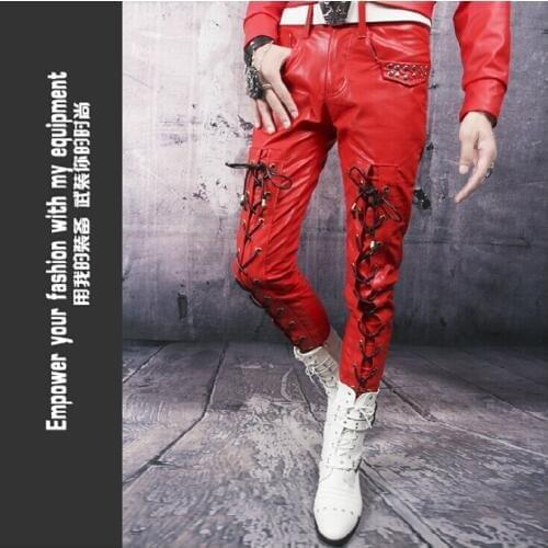 28-37 ! Plus Size New Mens Motorcycle Trousers Male Korean Slim Nightclub Stage Non-mainstream Strap Leather Pants Costumes