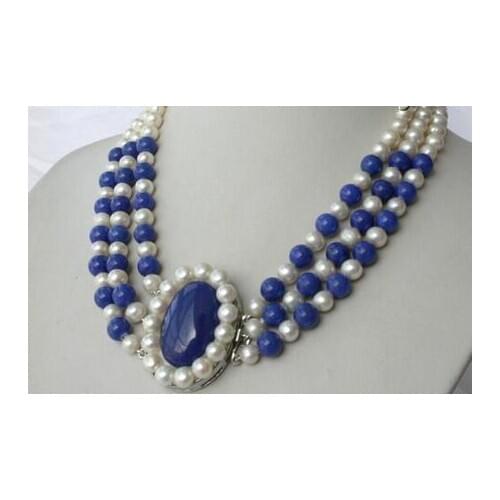 3 rows freshwater 7-8mm white pearl &lapis lazuli necklace