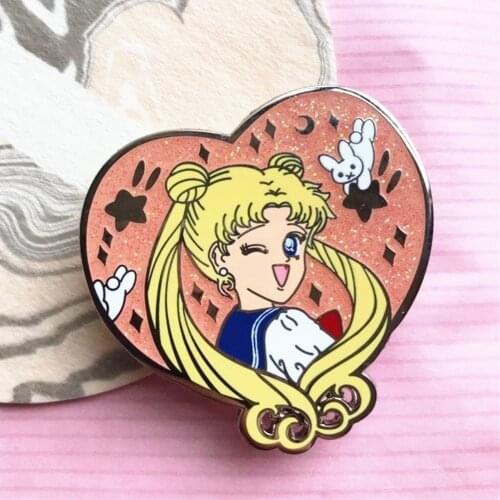 Glisten Cutie Sailor Moons Hard Enamel Pin Kawaii Schoolgirl and Rabbit Heart-shaped Brooch Magical Girl Pins Anime Fans Gift