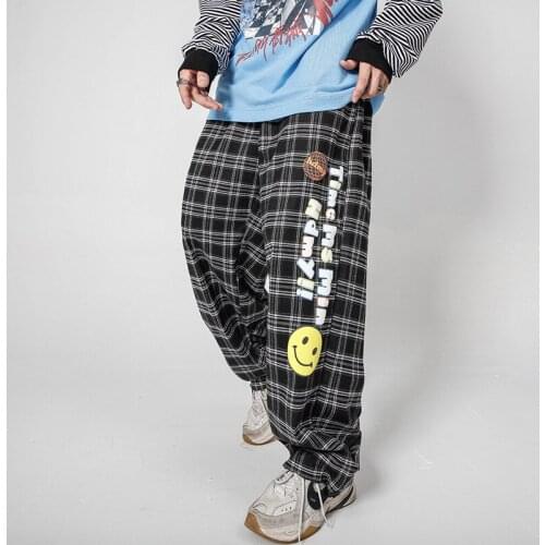 EukaaRu Smile Face Printed Plaid Pants Mens Fashion Straight Trousers Oversized BF Harajuku Fashion Elastic Waist Casual Pants