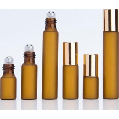 3/5/10ml Amber frosted Glass Essential Oil Bottles Roll On Jar with Stainless Steel Roller Ball Essential Oils Bottle F20173220