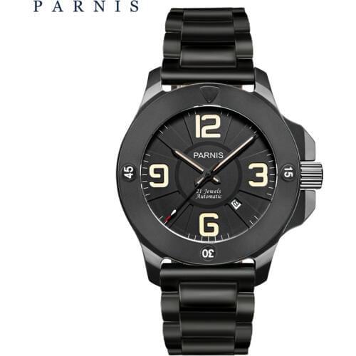 Parnis 47mm Military Mechanical Mens Watch Luxury Sapphire Crystal Luminous Waterproof Calendar Leather Band Automatic Watch