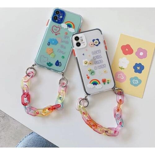 Rainbow Flower Chain Hanging Case Phone Cases for iphone 12 11 pro max X XS XR 7 8 Plus SE 2020 Colorful Chain Soft Back Cover