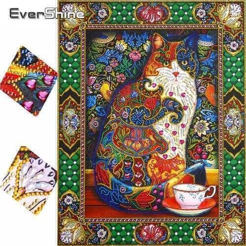 EverShine Diamond Painting Cat Picture Of Rhinestones 5D DIY Partial Round Diamond Mosaic Animal Home Decor Special Shaped