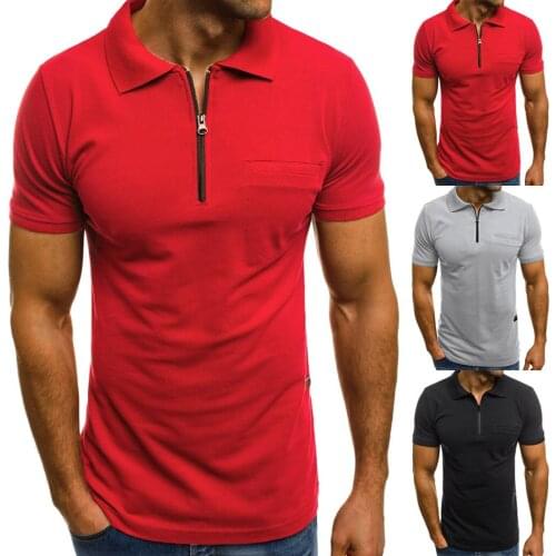 Mens T-shirt Top Summer Solid Color Fashion Personality Polyester Business Lapel Casual Slim Short-sleeved Pocket T-shirt Top
